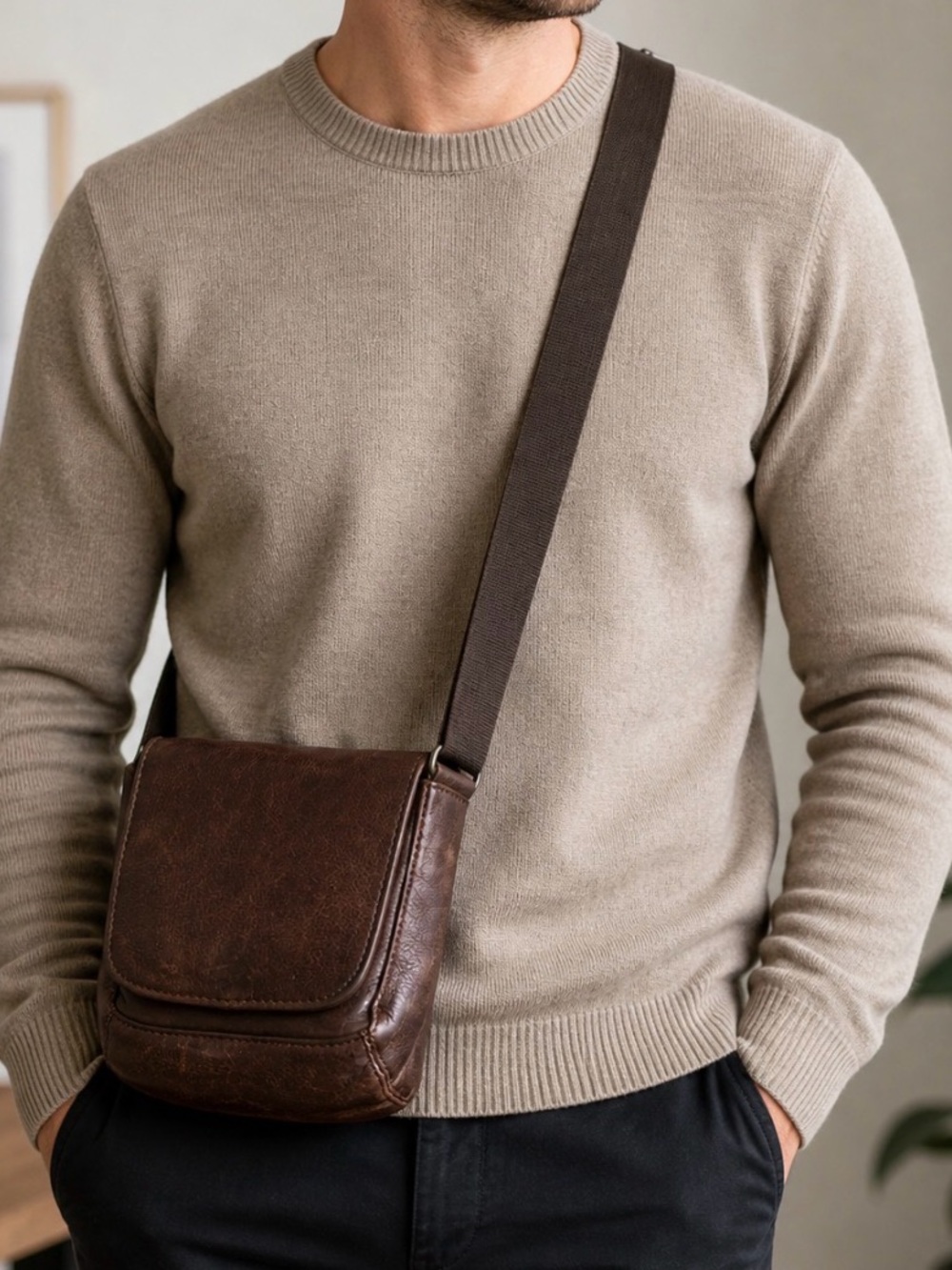 Brown Fossil Brown Leather Crossbody Bag | 9x8 | 44” Strap Leather Men's Bag